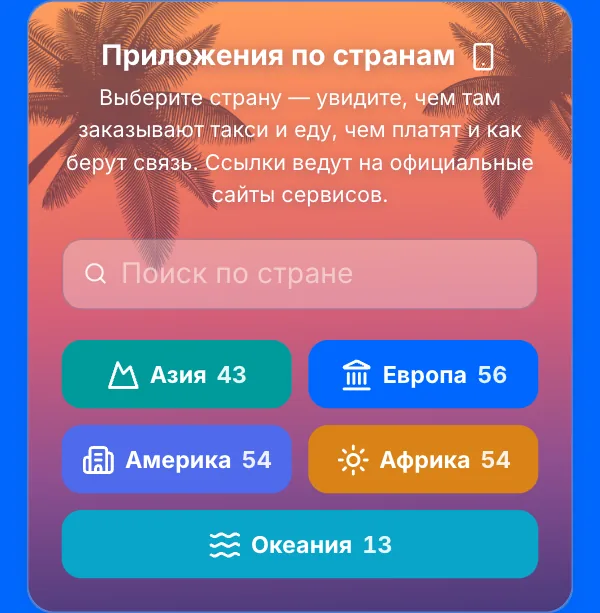 Блок «Приложения по странам»: поиск по стране, легенда доступности и регионы